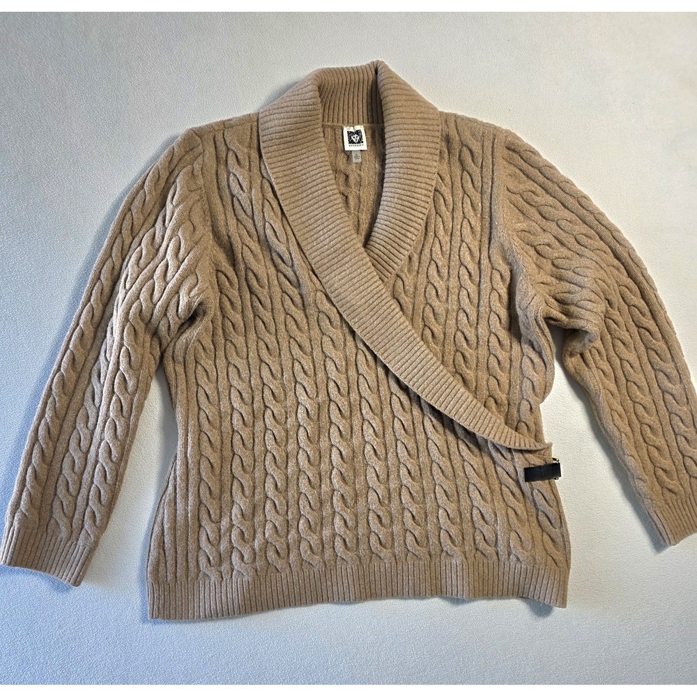 Anne Klein XL Camel Cable Knit Wrap Sweater Buckle Accent Long Sleeve Cozy...